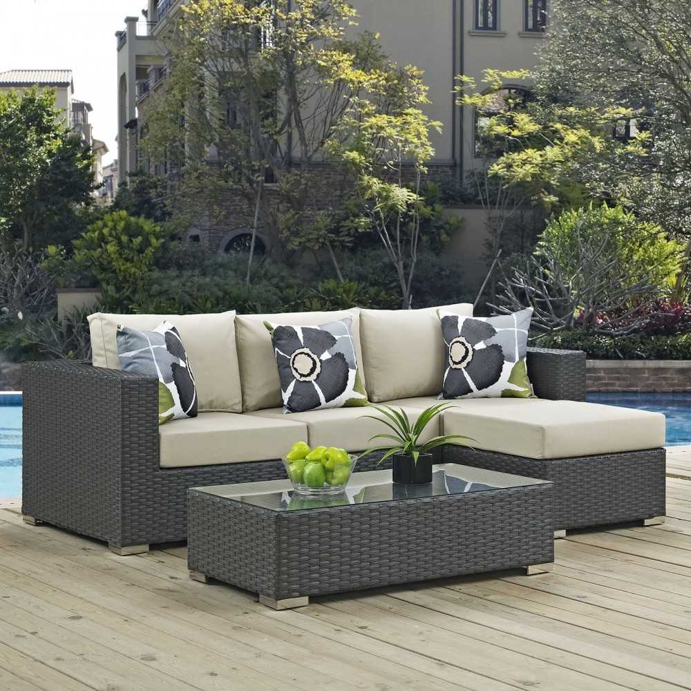 Sojourn 3 Piece Outdoor Patio Sunbrella Sectional Set, Canvas Antique Beige, EEI-2384-CHC-BEI-SET