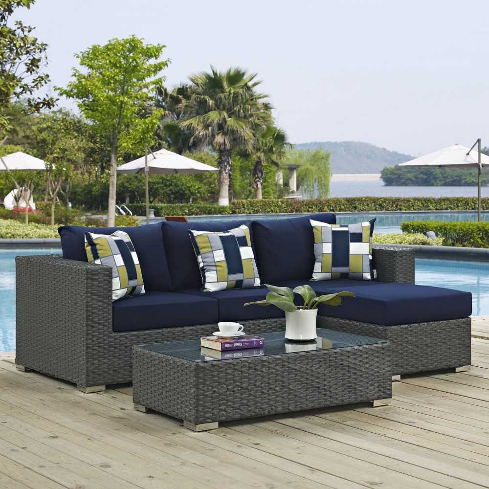 Sojourn 3 Piece Outdoor Patio Sunbrella Sectional Set, Canvas Navy, EEI-2384-CHC-NAV-SET