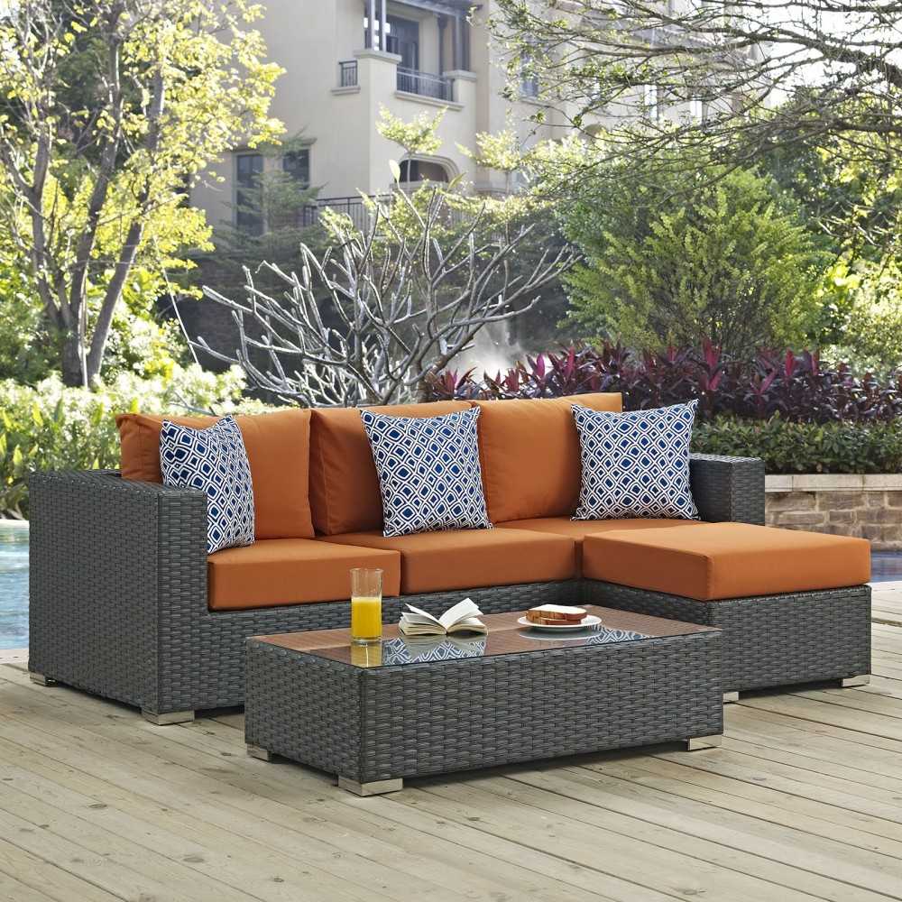 Sojourn 3 Piece Outdoor Patio Sunbrella Sectional Set, Canvas Tuscan, EEI-2384-CHC-TUS-SET