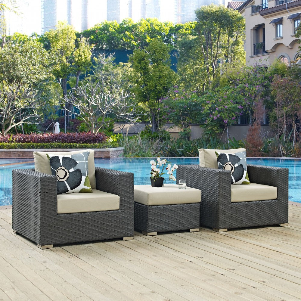 Sojourn 3 Piece Outdoor Patio Sunbrella Sectional Set, Canvas Antique Beige, EEI-2386-CHC-BEI-SET