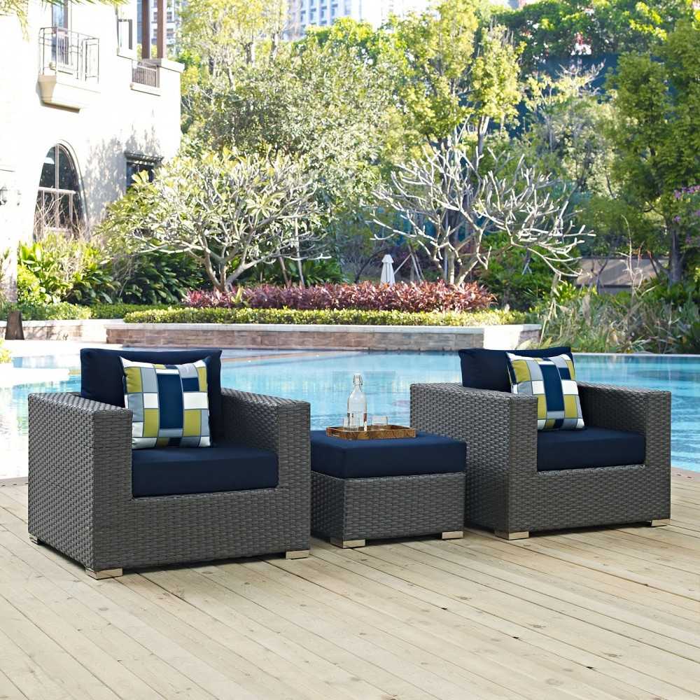Sojourn 3 Piece Outdoor Patio Sunbrella Sectional Set, Canvas Navy, EEI-2386-CHC-NAV-SET