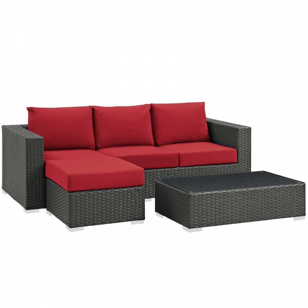 Sojourn 3 Piece Outdoor Patio Sunbrella Sectional Set, Canvas Red, EEI-1889-CHC-RED-SET