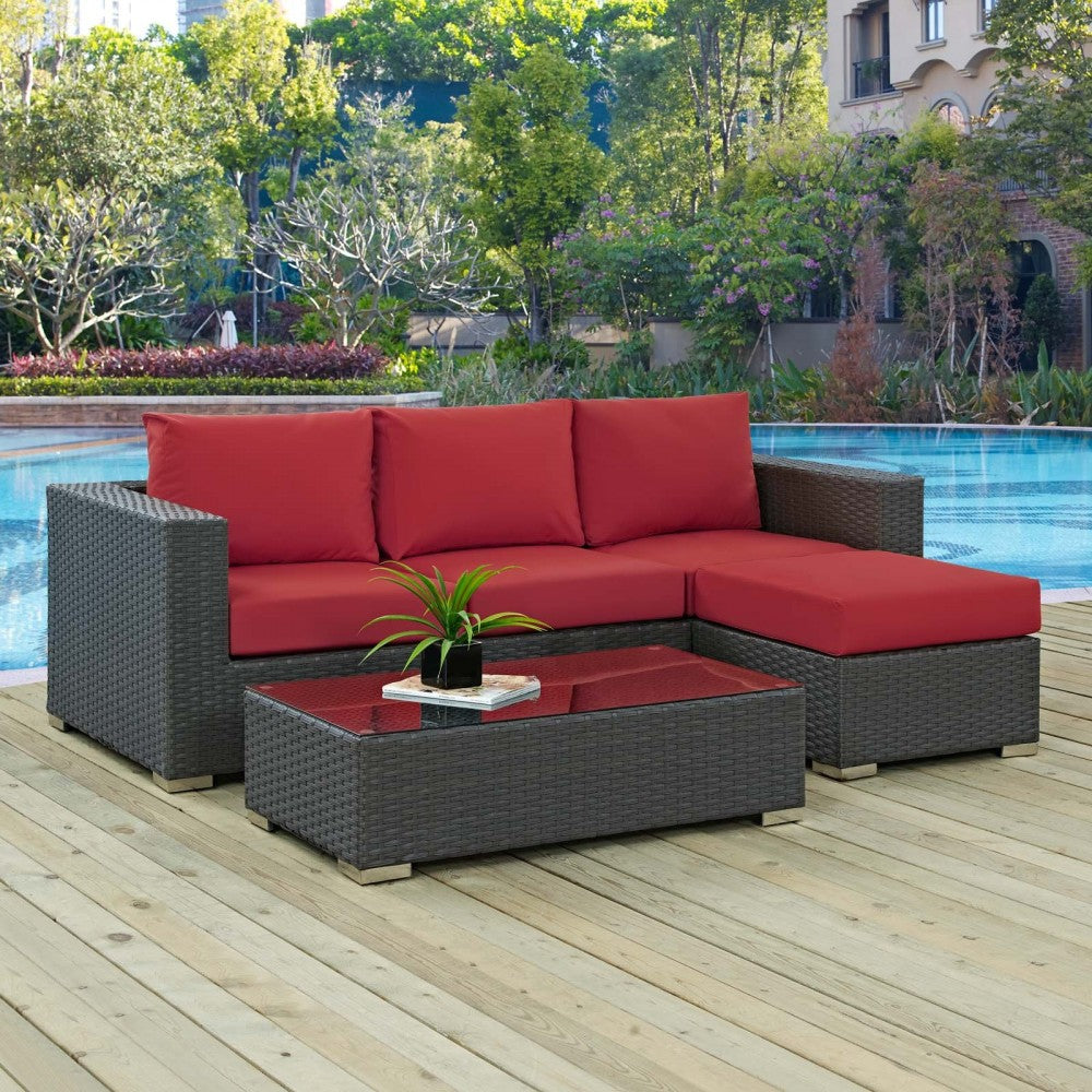Sojourn 3 Piece Outdoor Patio Sunbrella Sectional Set, Canvas Red, EEI-1889-CHC-RED-SET