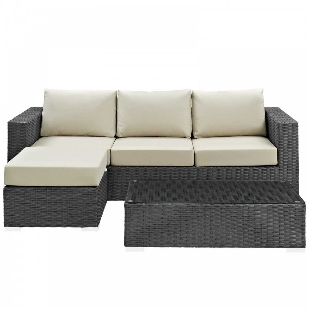 Sojourn 3 Piece Outdoor Patio Sunbrella Sectional Set, Canvas Antique Beige, EEI-1889-CHC-BEI-SET