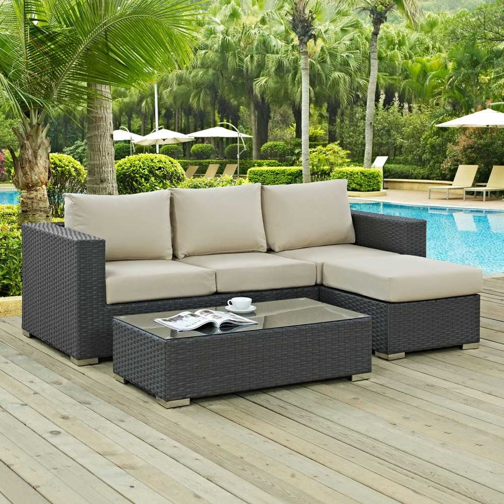 Sojourn 3 Piece Outdoor Patio Sunbrella Sectional Set, Canvas Antique Beige, EEI-1889-CHC-BEI-SET