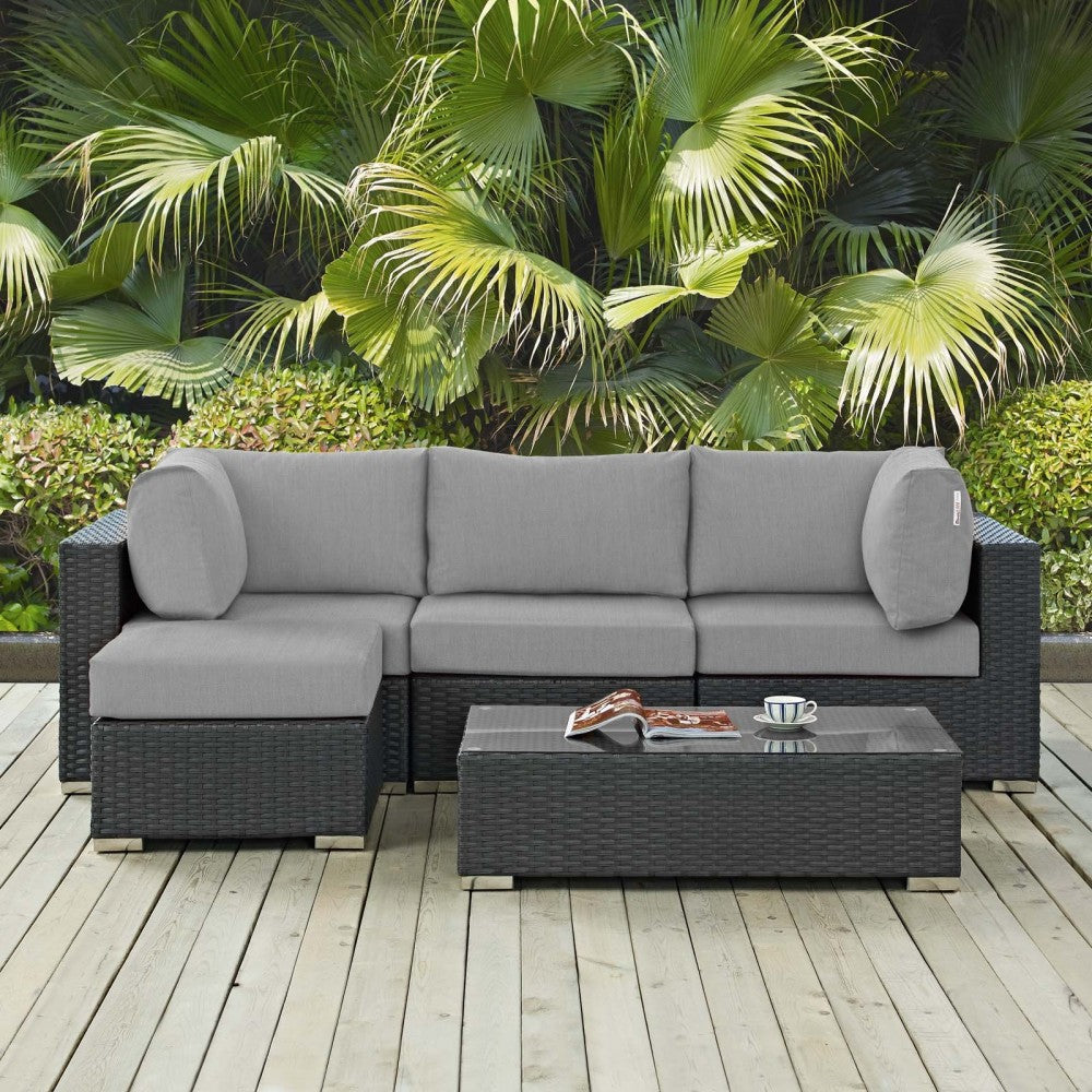 Sojourn 5 Piece Outdoor Patio Sunbrella Sectional Set, Canvas Gray, EEI-1890-CHC-GRY-SET