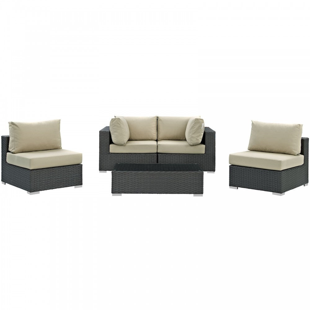Sojourn 5 Piece Outdoor Patio Sunbrella Sectional Set, Canvas Antique Beige, EEI-1882-CHC-BEI-SET