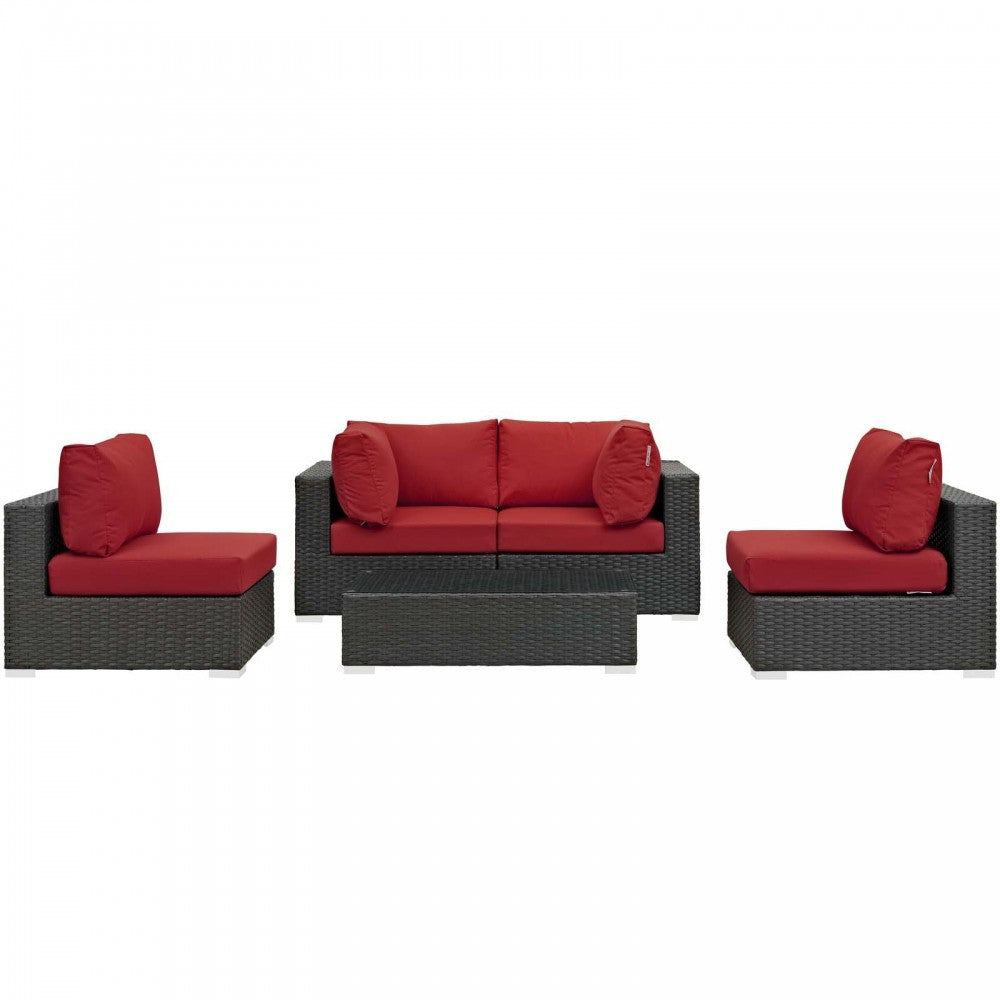 Sojourn 5 Piece Outdoor Patio Sunbrella Sectional Set, Canvas Red, EEI-1882-CHC-RED-SET
