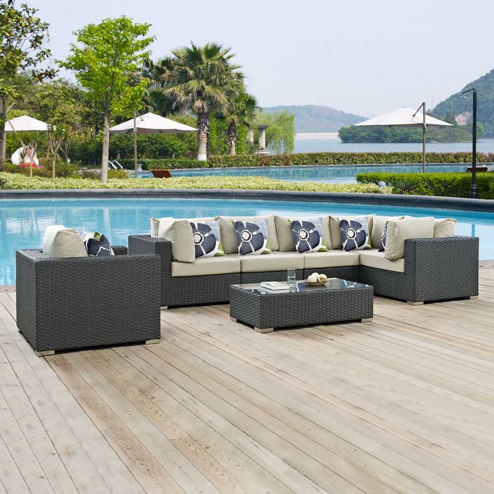 Sojourn 7 Piece Outdoor Patio Sunbrella Sectional Set, Canvas Antique Beige, EEI-2374-CHC-BEI-SET