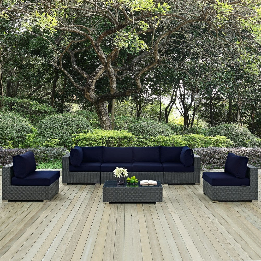 Sojourn 7 Piece Outdoor Patio Sunbrella Sectional Set, Canvas Navy, EEI-1883-CHC-NAV-SET