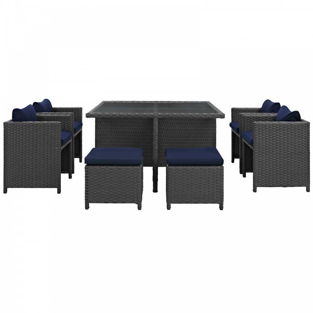 Sojourn 9 Piece Outdoor Patio Sunbrella Dining Set, Canvas Navy, EEI-1946-CHC-NAV-SET
