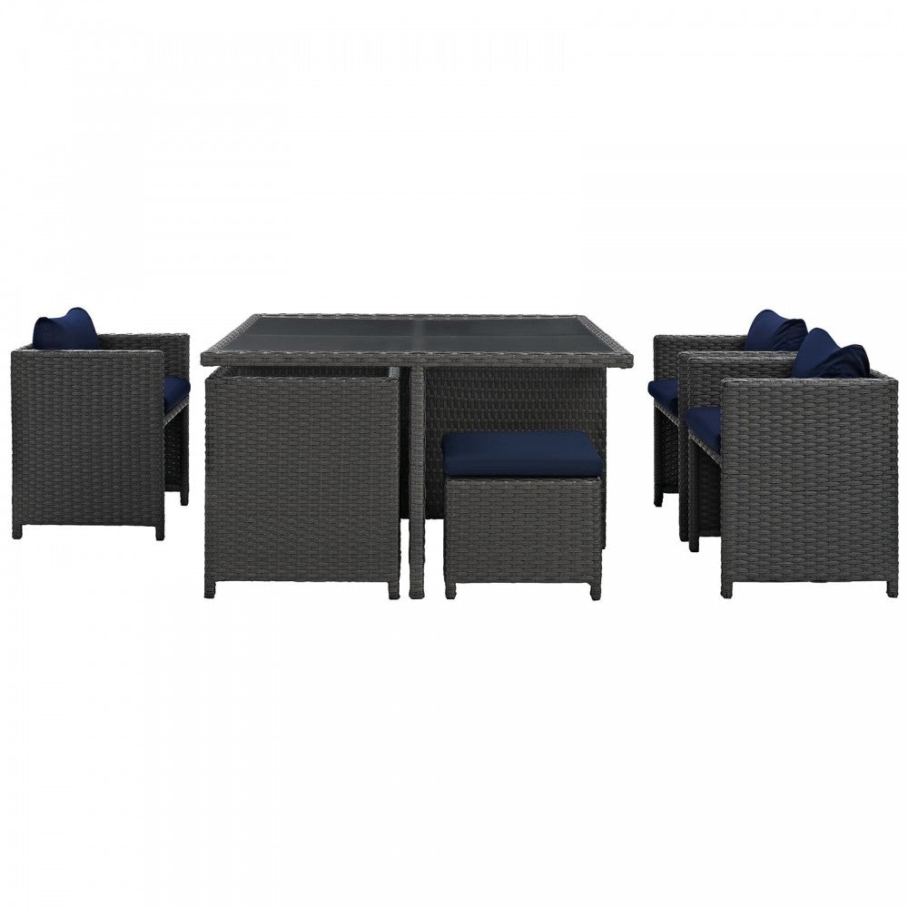 Sojourn 9 Piece Outdoor Patio Sunbrella Dining Set, Canvas Navy, EEI-1946-CHC-NAV-SET