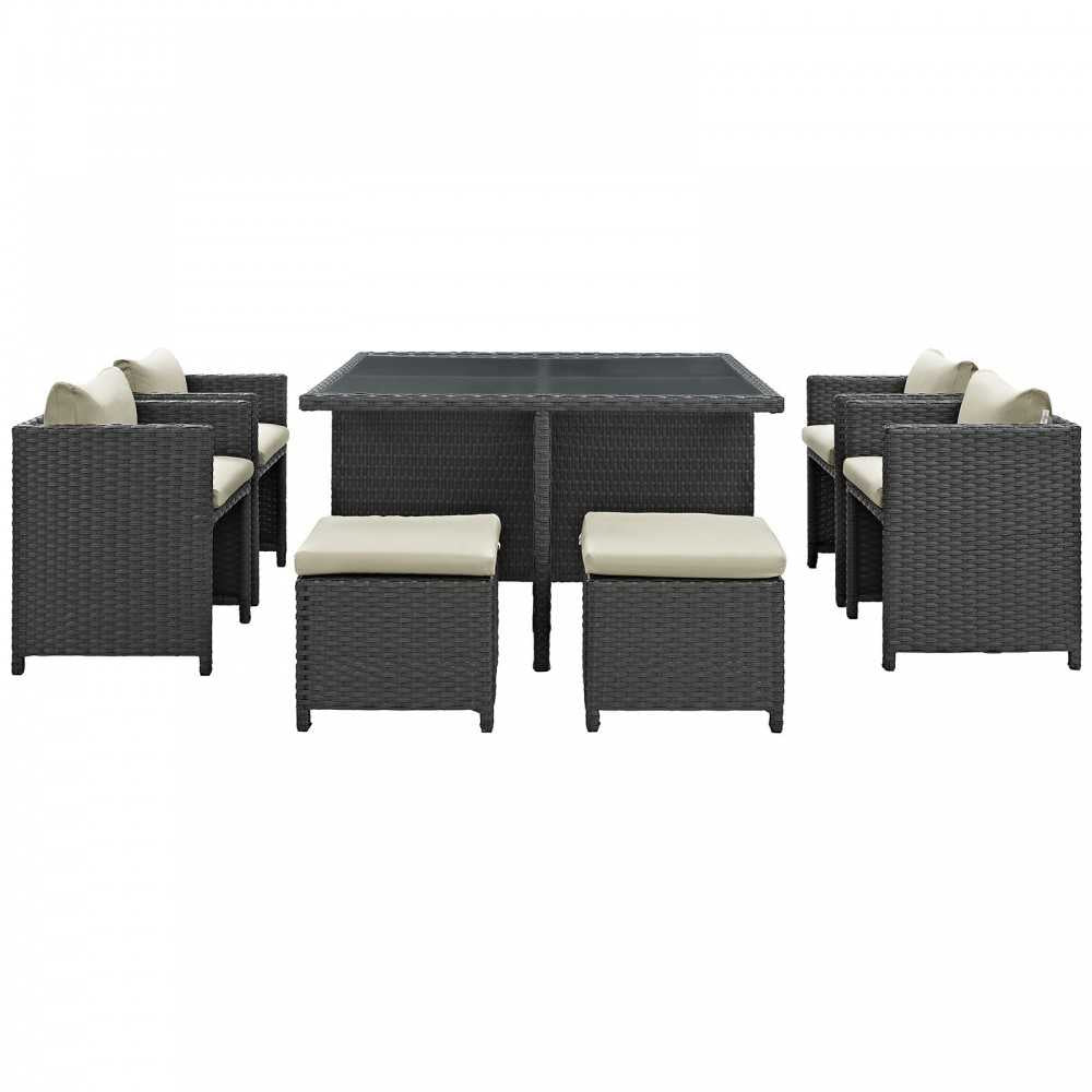 Sojourn 9 Piece Outdoor Patio Sunbrella Dining Set, Antique Canvas Beige, EEI-1946-CHC-BEI-SET