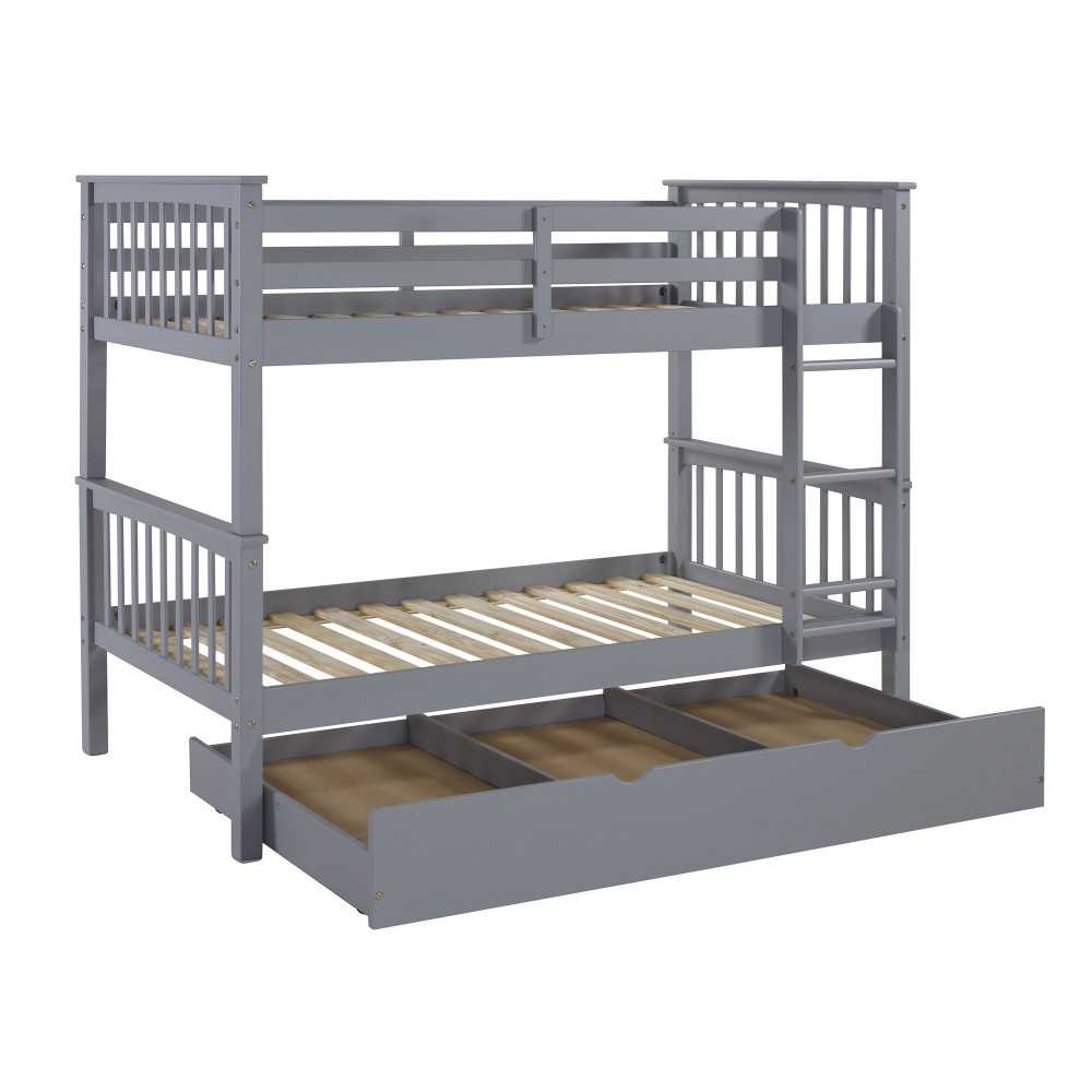 Solid Wood Twin Bunk Bed with Trundle Bed - Gray