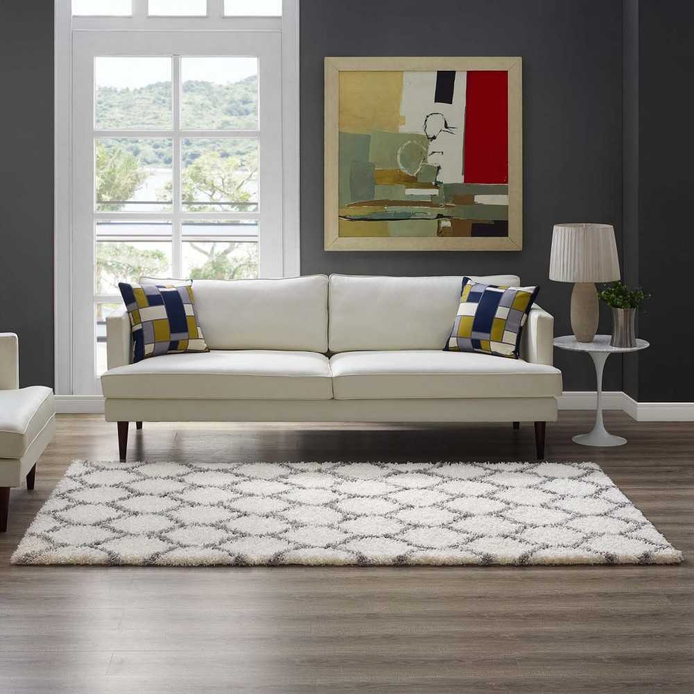 Solvea Moroccan Trellis 5x8 Shag Area Rug, Ivory and Gray
