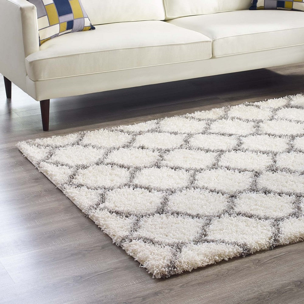 Solvea Moroccan Trellis 5x8 Shag Area Rug, Ivory and Gray