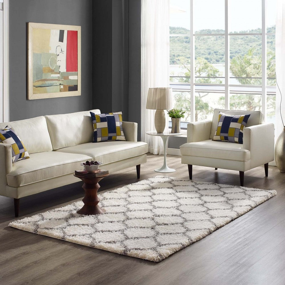 Solvea Moroccan Trellis 5x8 Shag Area Rug, Ivory and Gray