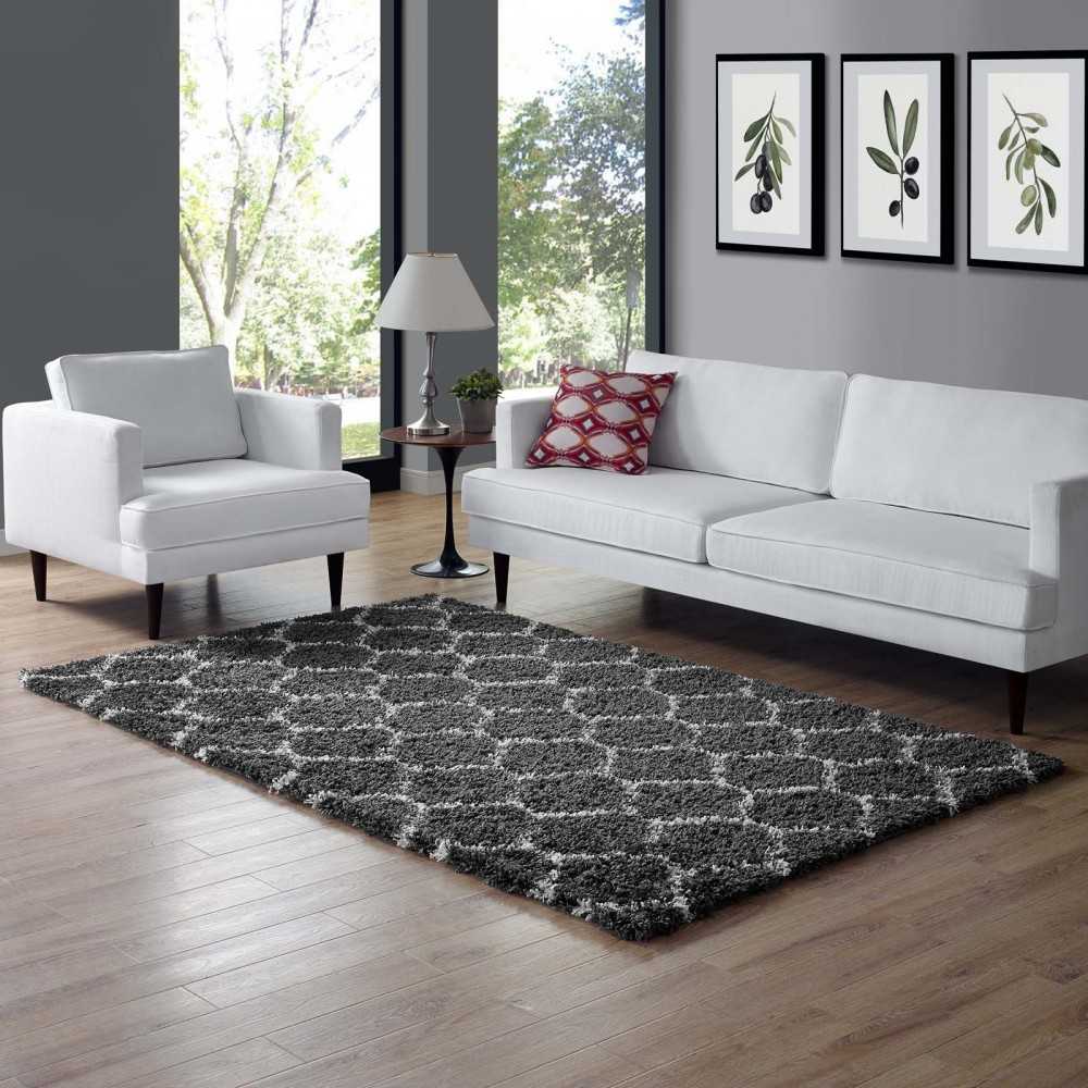 Solvea Moroccan Trellis 5x8 Shag Area Rug, Dark Gray and Ivory