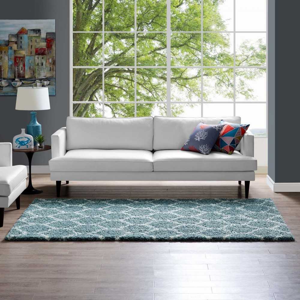 Solvea Moroccan Trellis 5x8 Shag Area Rug, Aqua Blue and Ivory
