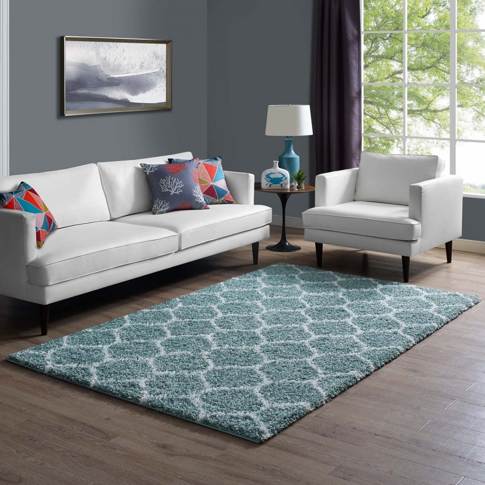 Solvea Moroccan Trellis 5x8 Shag Area Rug, Aqua Blue and Ivory