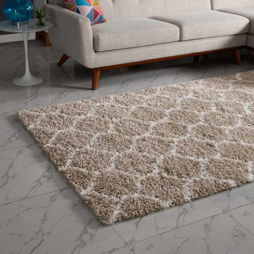 Solvea Moroccan Trellis 5x8 Shag Area Rug, Beige and Ivory