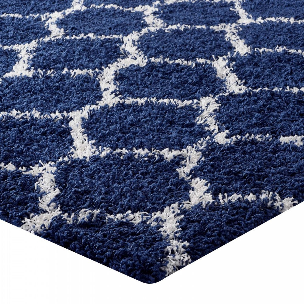 Solvea Moroccan Trellis 5x8 Shag Area Rug, Navy and Ivory