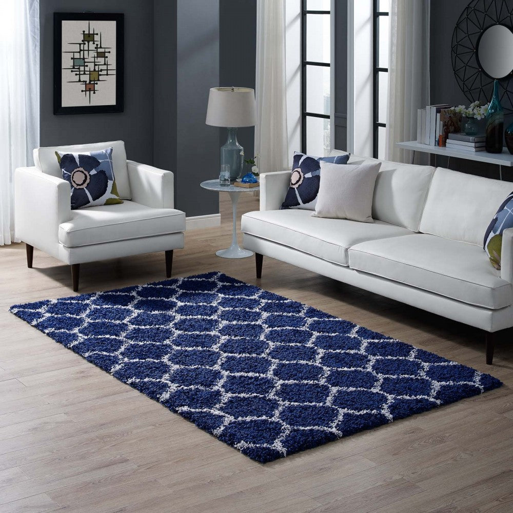 Solvea Moroccan Trellis 5x8 Shag Area Rug, Navy and Ivory
