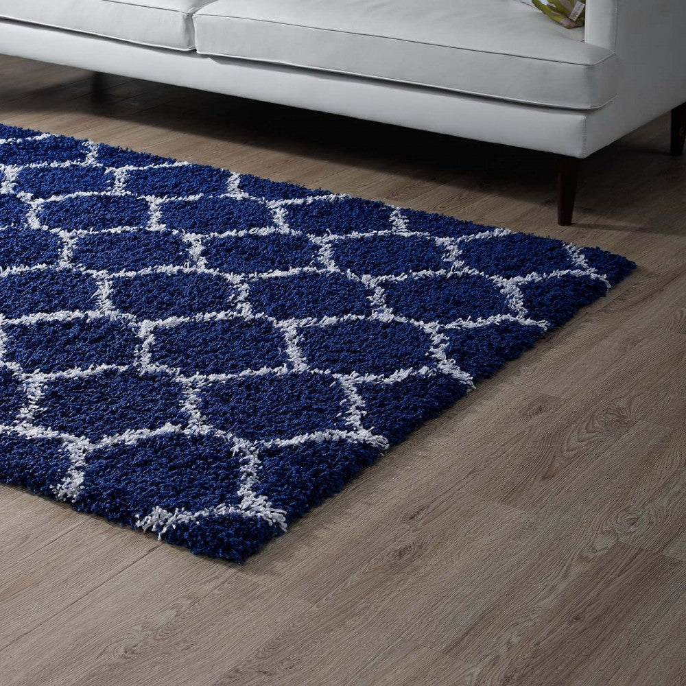 Solvea Moroccan Trellis 5x8 Shag Area Rug, Navy and Ivory