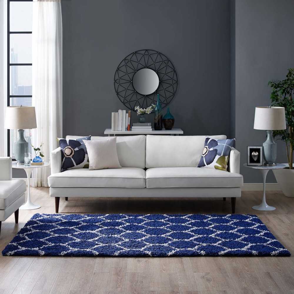 Solvea Moroccan Trellis 5x8 Shag Area Rug, Navy and Ivory