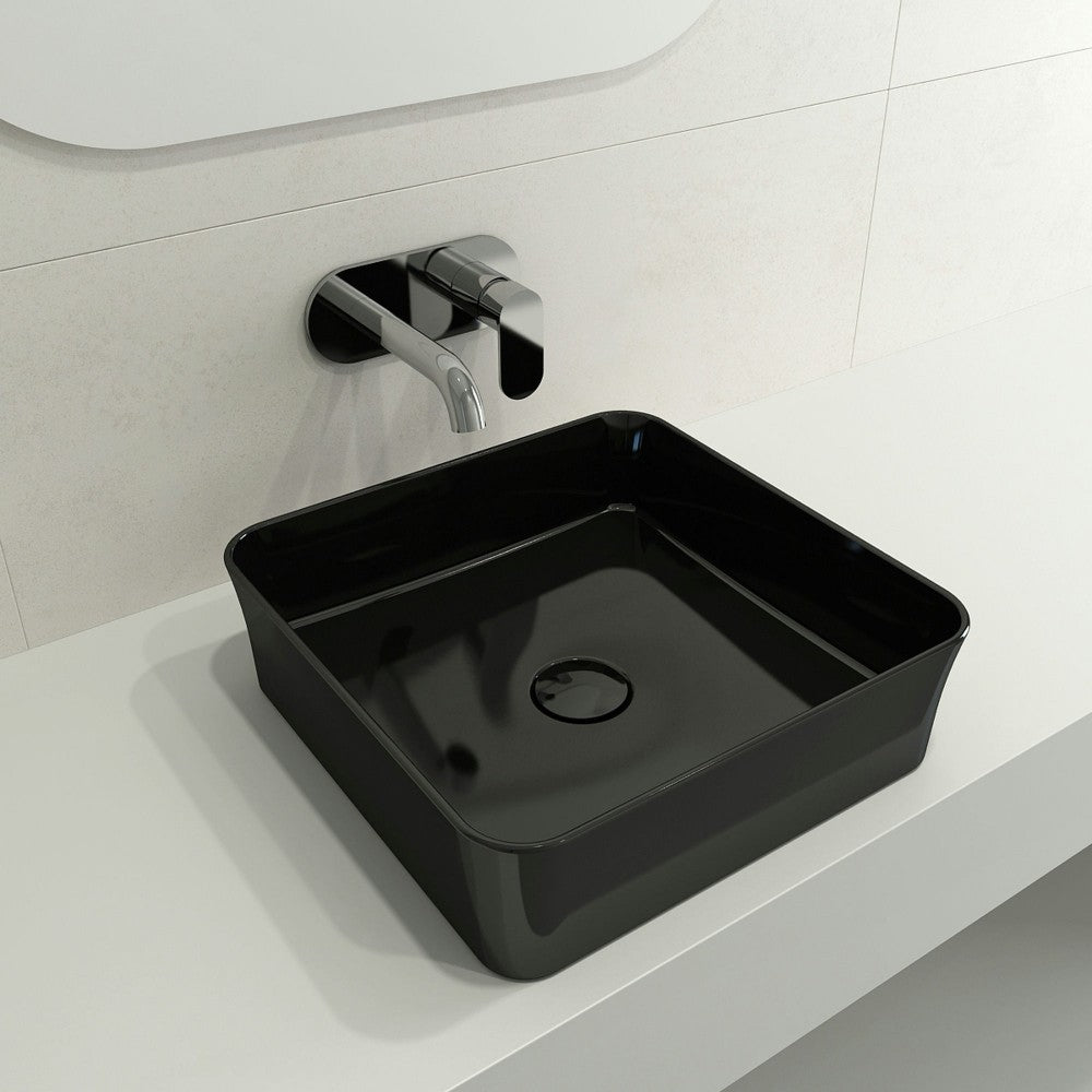 Sottile Square Vessel Fireclay 15.25 in. with Matching Drain Cover in Black