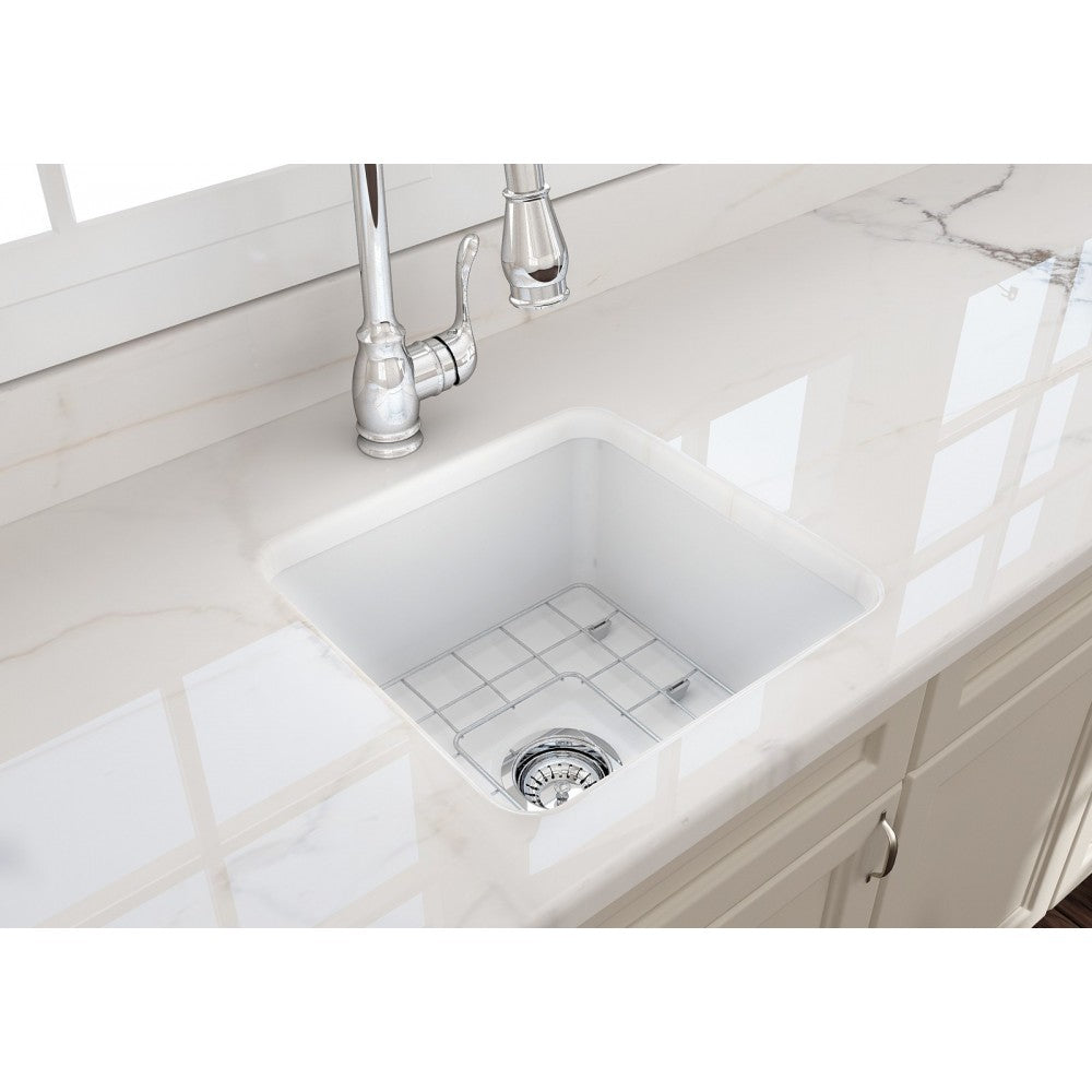 Sotto Dual-Mount Fireclay 18 in. Single Bowl Bar Sink with Protective Bottom Grid and Strainer in White, Matte White