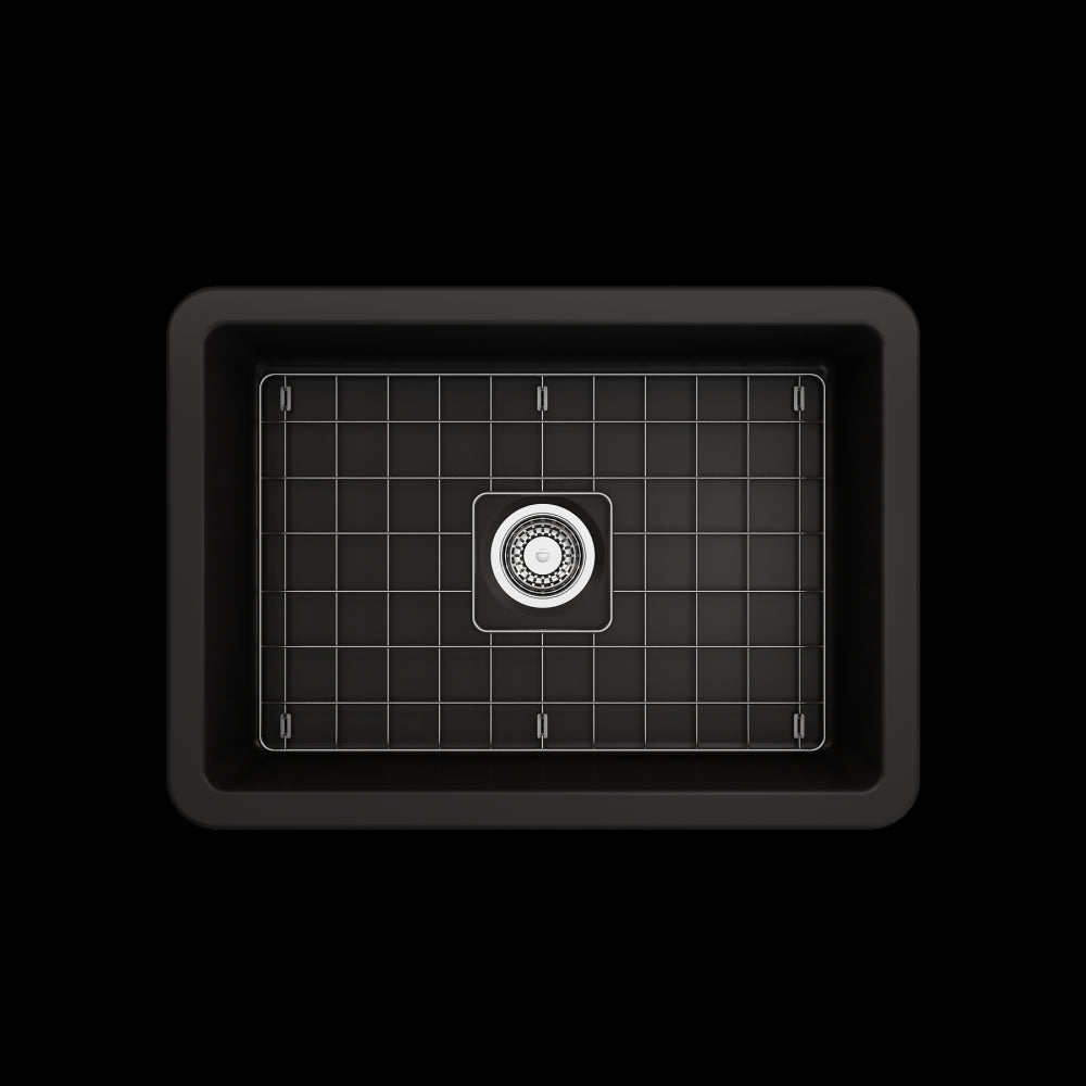 Sotto Undermount Fireclay 27 in. Single Bowl Kitchen Sink with Protective Bottom Grid and Strainer in Matte Black