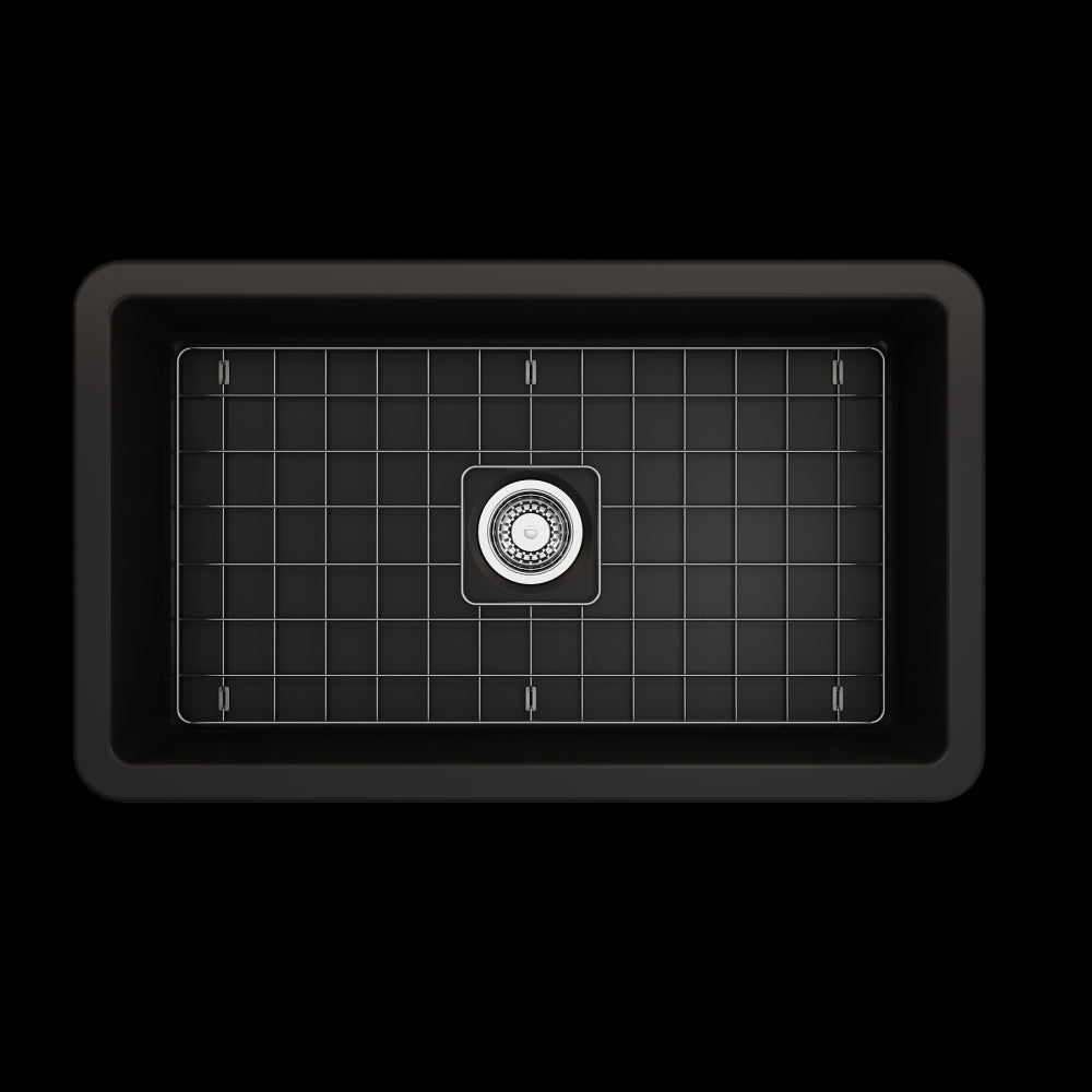 Sotto Undermount Fireclay 32 in. Single Bowl Kitchen Sink with Protective Bottom Grid and Strainer in Matte Black