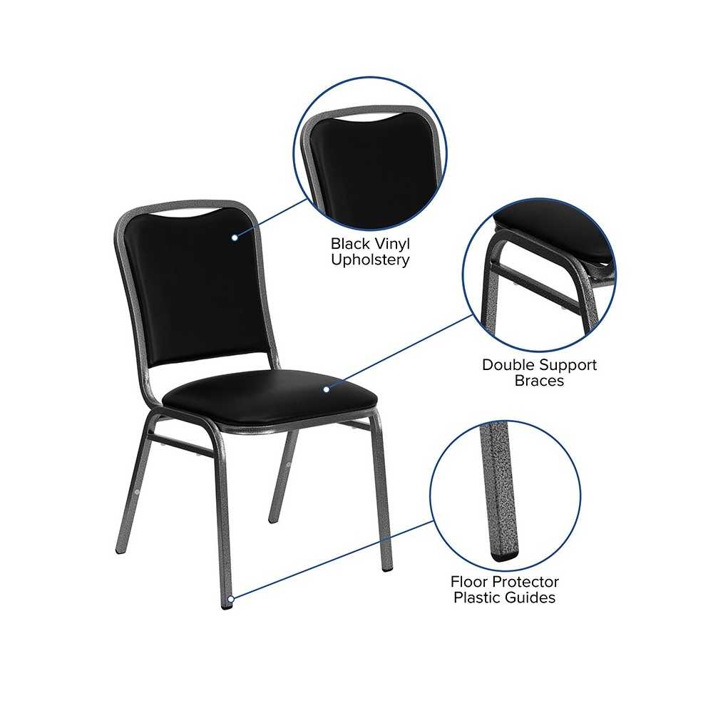 Stacking Banquet Chair in Black Vinyl - Silver Vein Frame