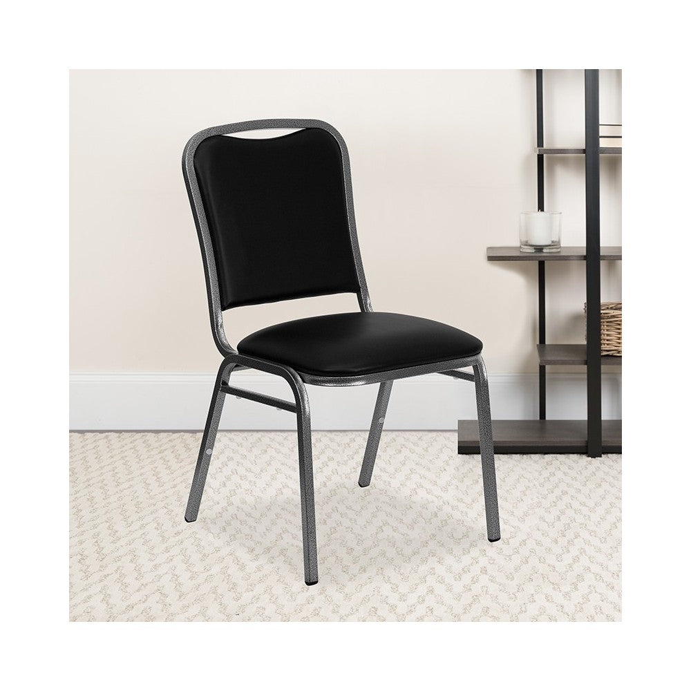 Stacking Banquet Chair in Black Vinyl - Silver Vein Frame