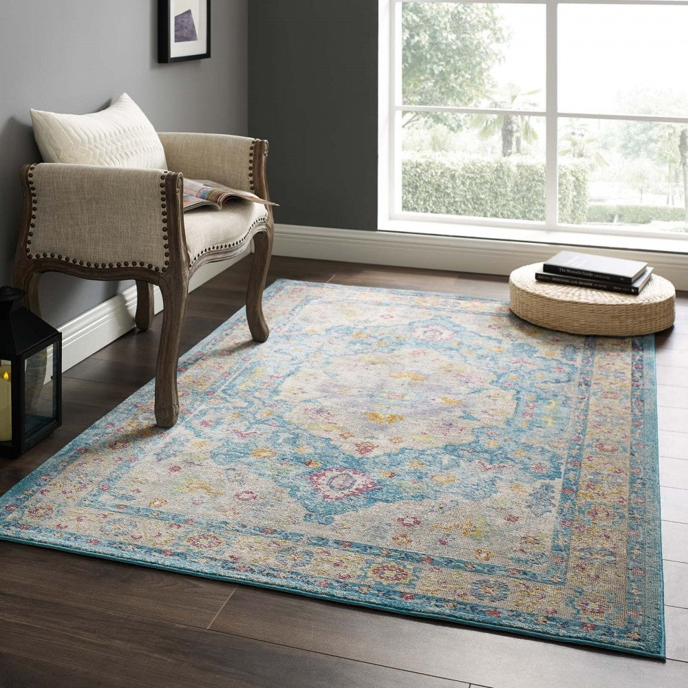 Success Anisah Distressed Floral Persian Medallion 4x6 Area Rug, Light Blue, Ivory, Yellow, Orange