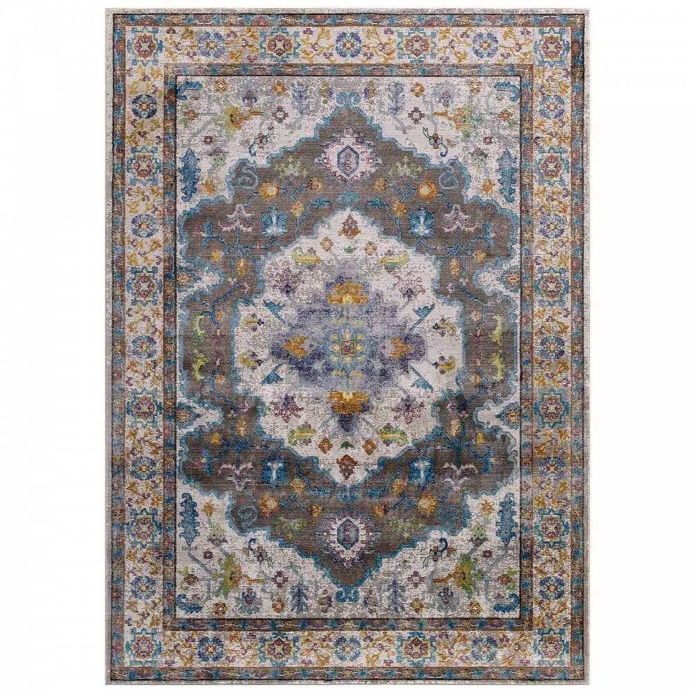 Success Anisah Distressed Floral Persian Medallion 4x6 Area Rug, Gray, Ivory, Yellow, Orange