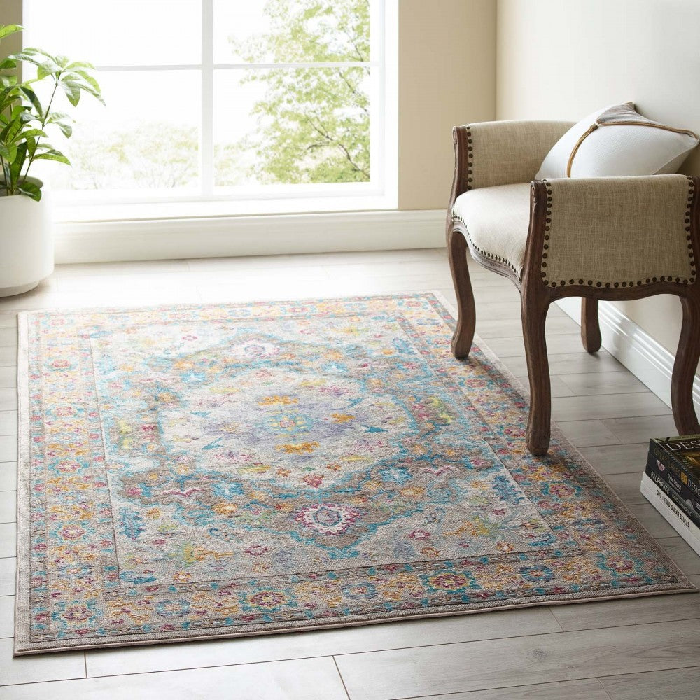 Success Anisah Distressed Floral Persian Medallion 4x6 Area Rug, Gray, Ivory, Yellow, Orange