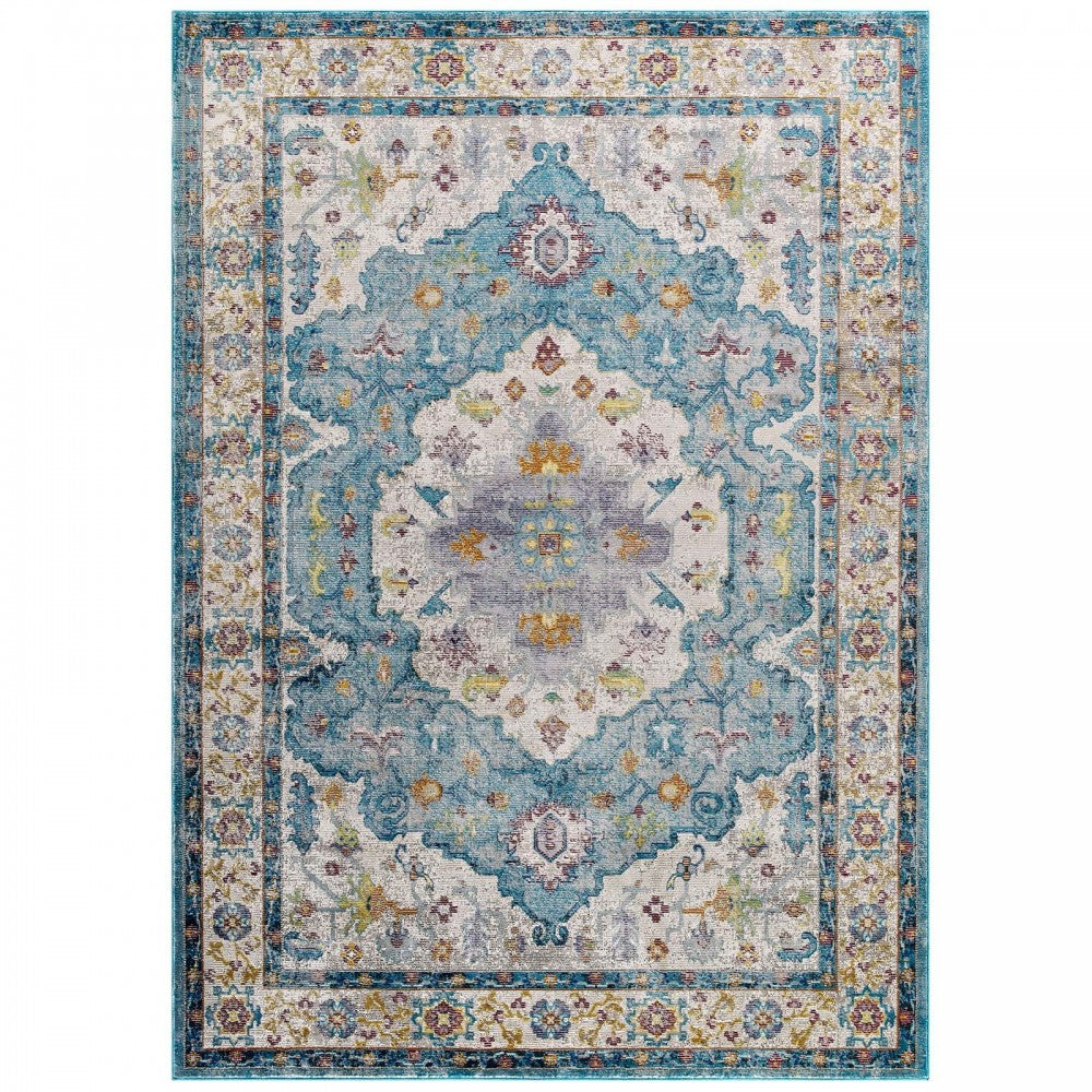 Success Anisah Distressed Floral Persian Medallion 5x8 Area Rug, Light Blue, Ivory, Yellow, Orange