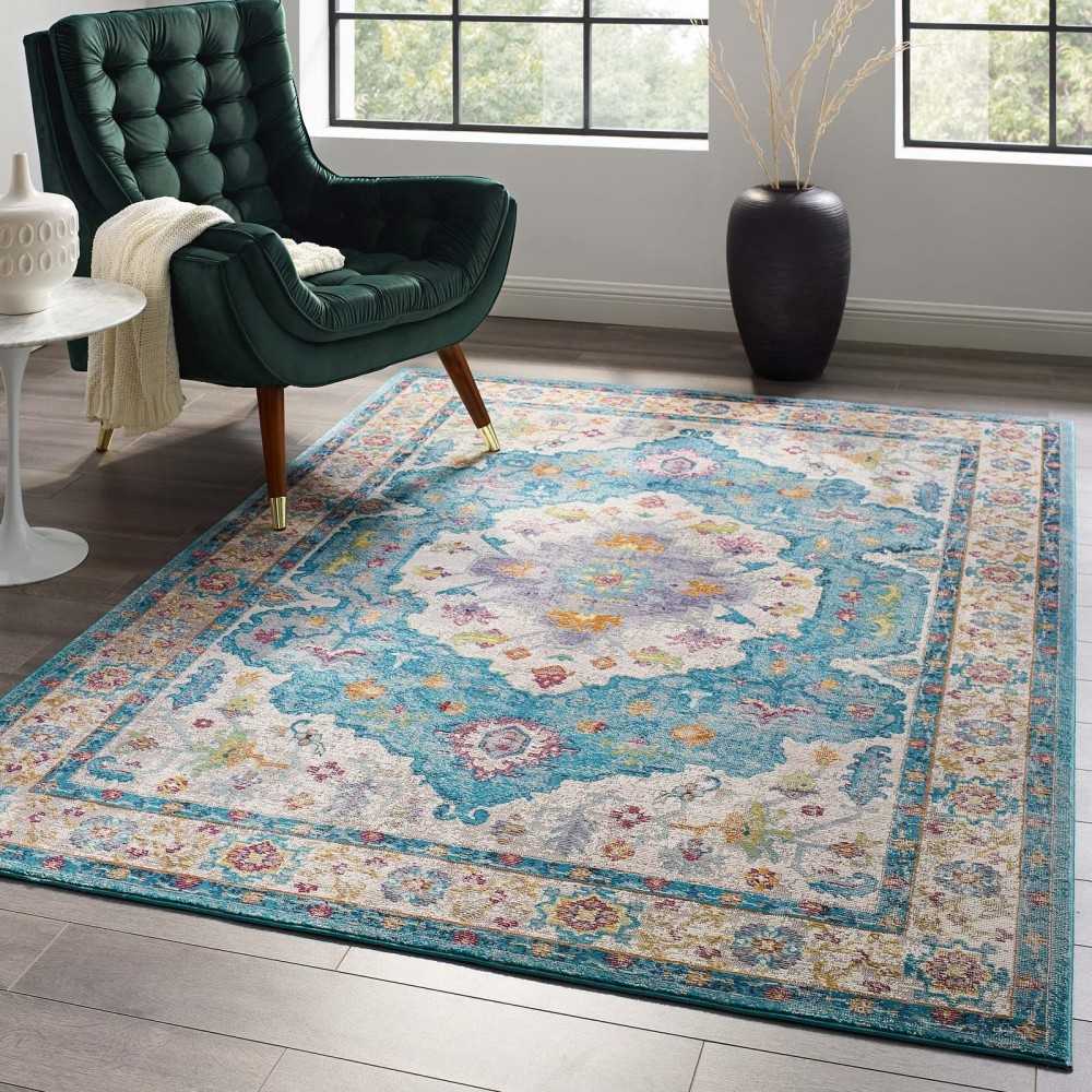 Success Anisah Distressed Floral Persian Medallion 5x8 Area Rug, Light Blue, Ivory, Yellow, Orange