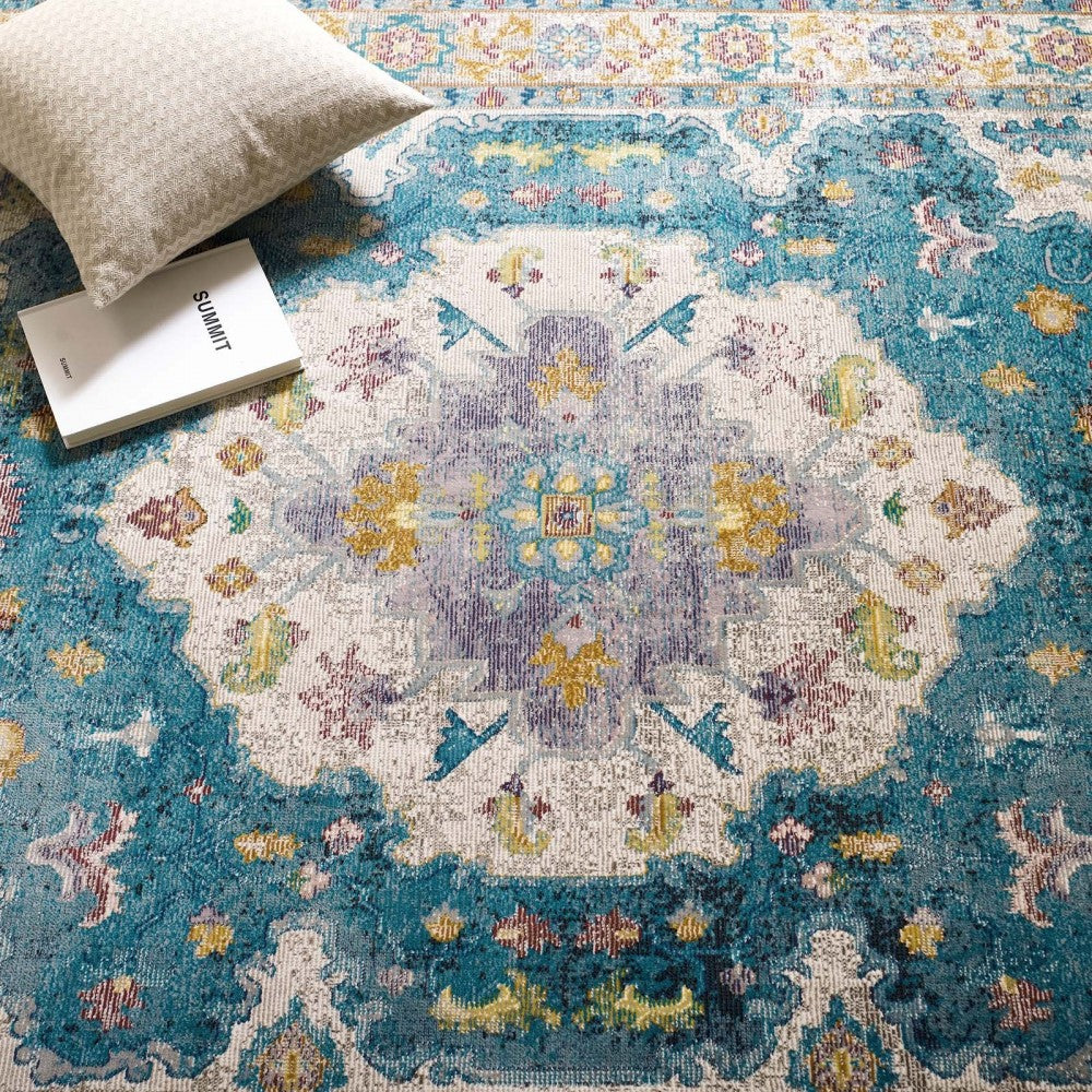 Success Anisah Distressed Floral Persian Medallion 5x8 Area Rug, Light Blue, Ivory, Yellow, Orange
