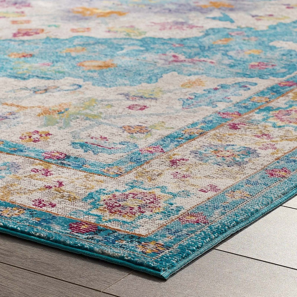 Success Anisah Distressed Floral Persian Medallion 5x8 Area Rug, Light Blue, Ivory, Yellow, Orange