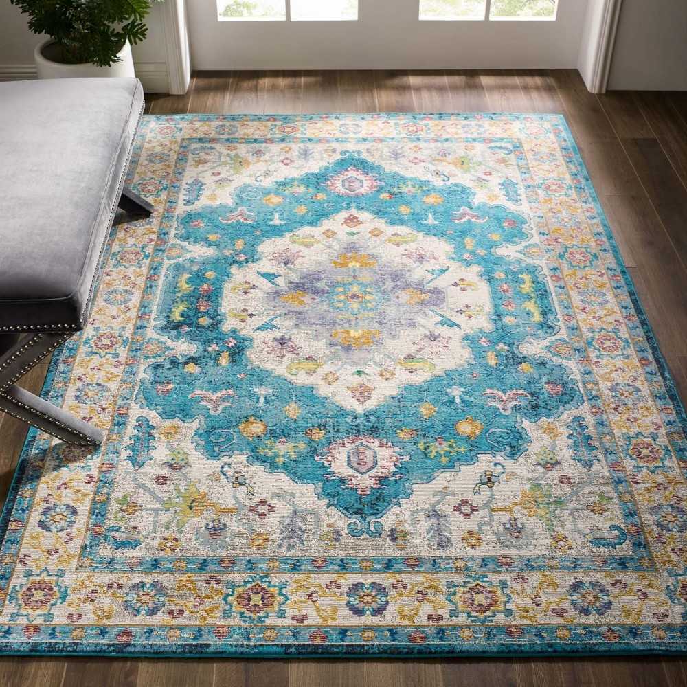Success Anisah Distressed Floral Persian Medallion 5x8 Area Rug, Blue, Ivory, Yellow, Orange