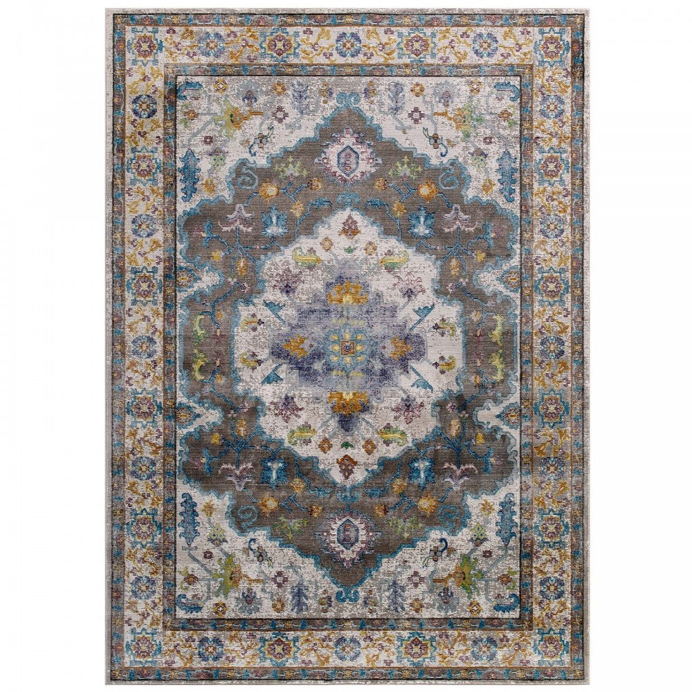 Success Anisah Distressed Floral Persian Medallion 8x10 Area Rug, Gray, Ivory, Yellow, Orange