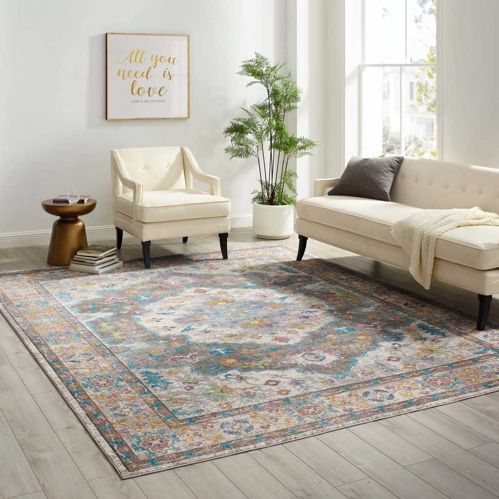 Success Anisah Distressed Floral Persian Medallion 8x10 Area Rug, Gray, Ivory, Yellow, Orange