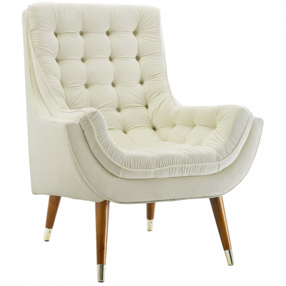 Suggest Button Tufted Performance Velvet Lounge Chair, Ivory