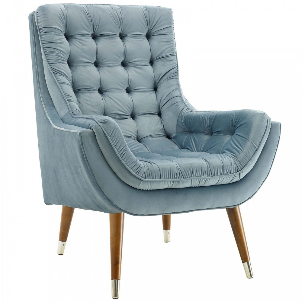 Suggest Button Tufted Performance Velvet Lounge Chair, Light Blue