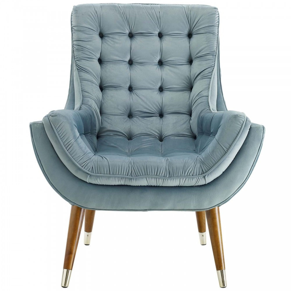 Suggest Button Tufted Performance Velvet Lounge Chair, Light Blue