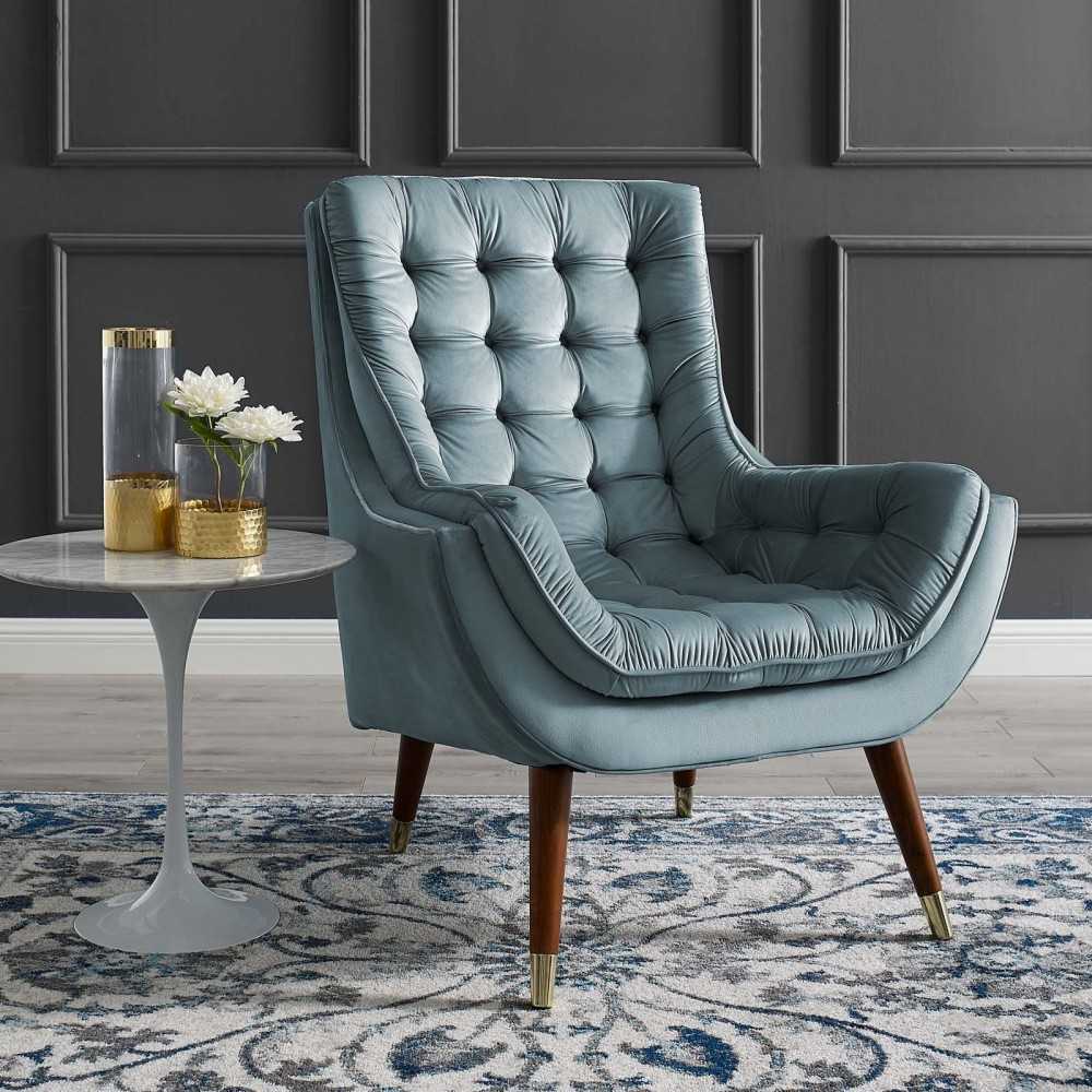 Suggest Button Tufted Performance Velvet Lounge Chair, Light Blue