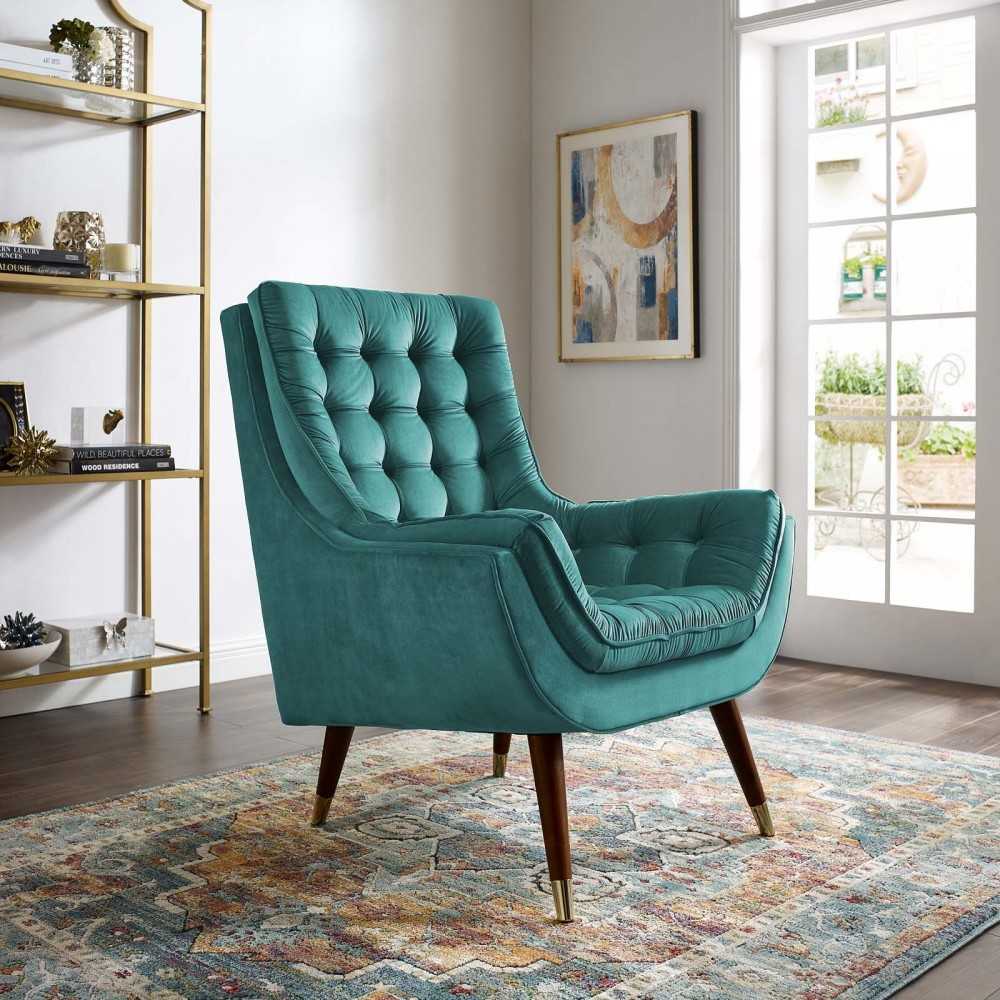Suggest Button Tufted Performance Velvet Lounge Chair, Teal